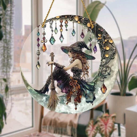 8x8 inch Charming Moonlight Witch Acrylic Stained Glass Window Hanging Sun Catch - Picture 3 of 6